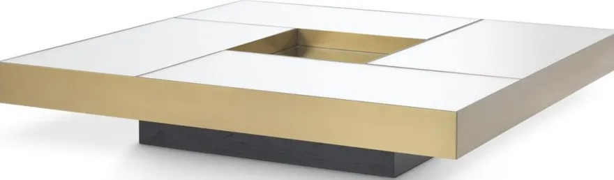 Casa Padrino Luxus Couchtisch Messingfarben / Schwarz 120 x 120 x H. 23,5 cm - Quadratischer Edelstahl Wohnzimmertisch mit Spiegelglas Tischplatten - Wohnzimmer Möbel - Luxus Qualität