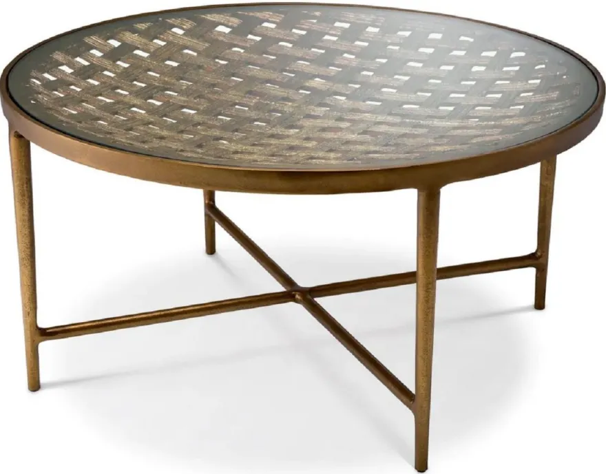 Casa Padrino Luxus Couchtisch Antik Messing Ø 90 x H. 44,5 cm - Runder Aluminium Wohnzimmertisch mit Glasplatte - Luxus Möbel - Wohnzimmer Möbel - Luxus Einrichtung