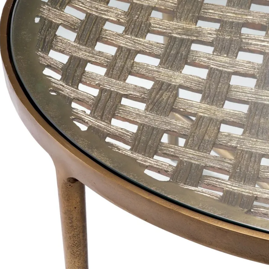 Casa Padrino Luxus Couchtisch Antik Messing Ø 90 x H. 44,5 cm - Runder Aluminium Wohnzimmertisch mit Glasplatte - Luxus Möbel - Wohnzimmer Möbel - Luxus Einrichtung