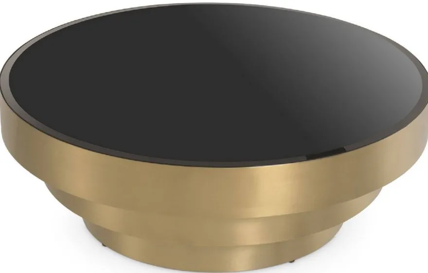 Casa Padrino Luxus Couchtisch Messingfarben / Schwarz Ø 100 x H. 36 cm - Moderner runder Edelstahl Wohnzimmertisch mit Glasplatte - Wohnzimmer Möbel - Luxus Möbel