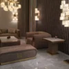 Casa Padrino Luxus Couchtisch Weiß / Gold / Taupe 160 x 90 x H. 36 cm - Moderner Wohnzimmertisch mit Calacatta Marmorplatte - Hotel Möbel - Luxus Qualität - Made in Italy