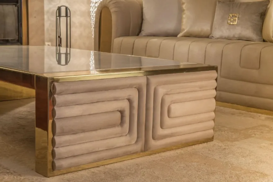 Casa Padrino Luxus Couchtisch Weiß / Gold / Taupe 160 x 90 x H. 36 cm - Moderner Wohnzimmertisch mit Calacatta Marmorplatte - Hotel Möbel - Luxus Qualität - Made in Italy