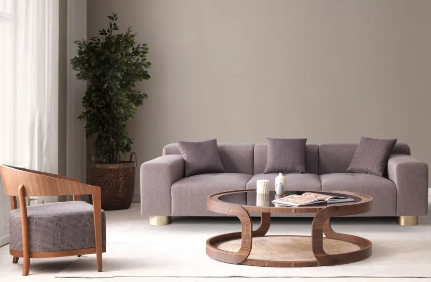 Casa Padrino Luxus Couchtisch Braun / Beige Ø 120 x H. 40 cm - Runder Massivholz Wohnzimmertisch mit Glasplatte und Marmorplatte - Wohnzimmer Möbel - Hotel Möbel - Luxus Möbel - Luxus Einrichtung