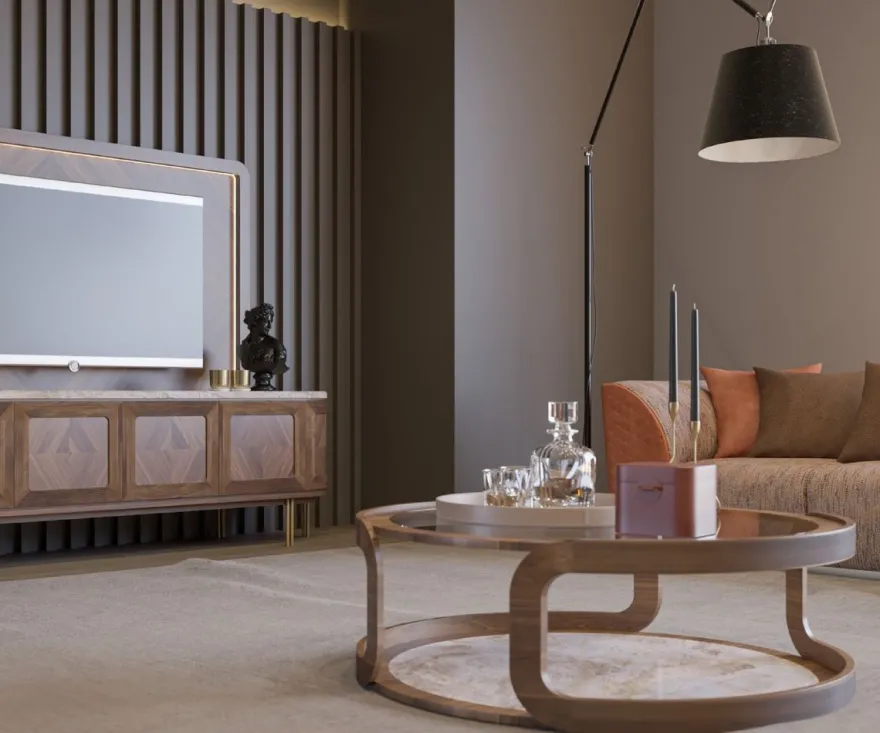 Casa Padrino Luxus Couchtisch Braun / Beige Ø 120 x H. 40 cm - Runder Massivholz Wohnzimmertisch mit Glasplatte und Marmorplatte - Wohnzimmer Möbel - Hotel Möbel - Luxus Möbel - Luxus Einrichtung