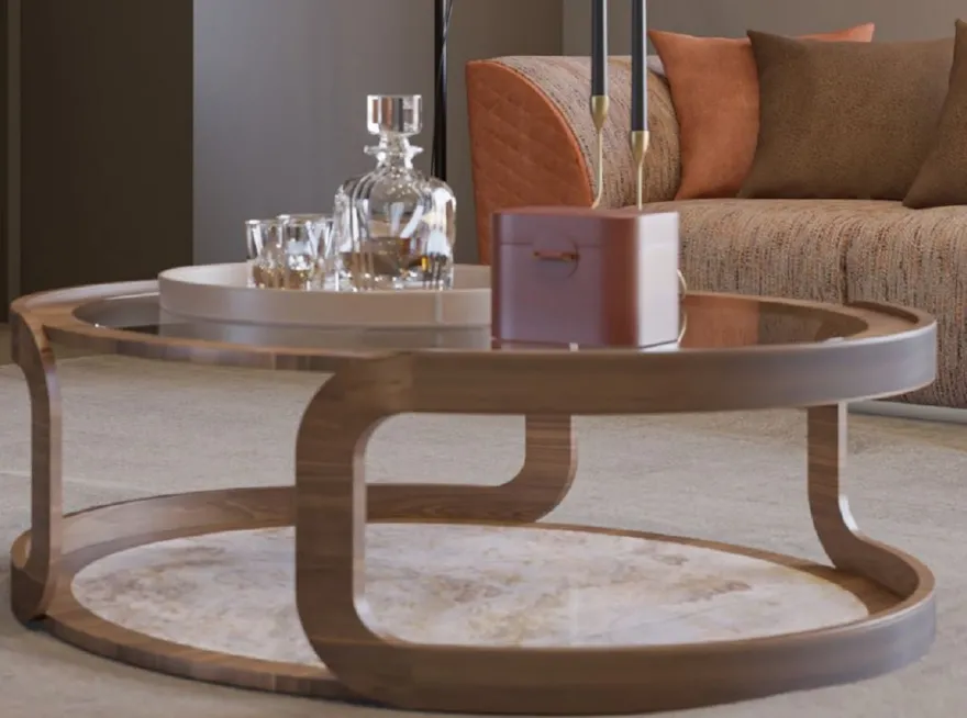 Casa Padrino Luxus Couchtisch Braun / Beige Ø 120 x H. 40 cm - Runder Massivholz Wohnzimmertisch mit Glasplatte und Marmorplatte - Wohnzimmer Möbel - Hotel Möbel - Luxus Möbel - Luxus Einrichtung