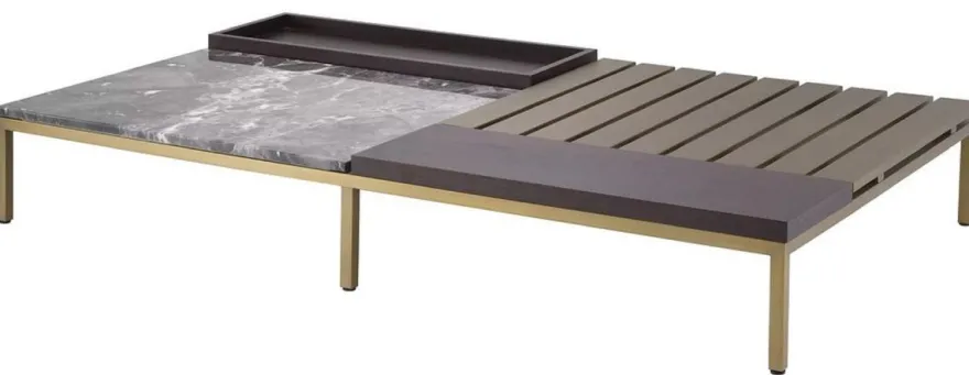 Casa Padrino Luxus Couchtisch Messingfarben / Grau / Braun 169,5 x 99,5 x H. 27 cm - Moderner Wohnzimmertisch - Luxus Wohnzimmer Möbel - Luxus Qualität