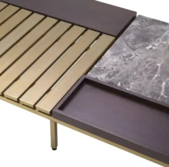 Casa Padrino Luxus Couchtisch Messingfarben / Grau / Braun 169,5 x 99,5 x H. 27 cm - Moderner Wohnzimmertisch - Luxus Wohnzimmer Möbel - Luxus Qualität