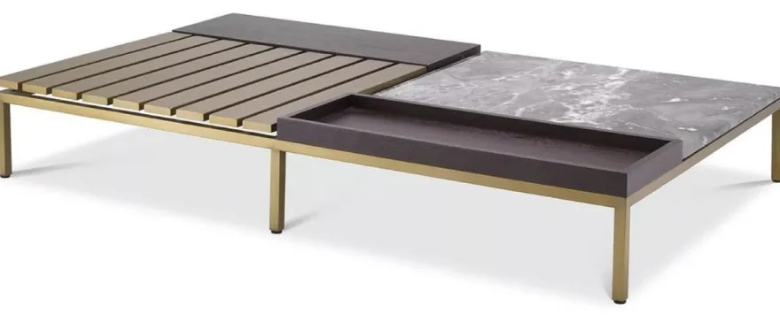 Casa Padrino Luxus Couchtisch Messingfarben / Grau / Braun 169,5 x 99,5 x H. 27 cm - Moderner Wohnzimmertisch - Luxus Wohnzimmer Möbel - Luxus Qualität