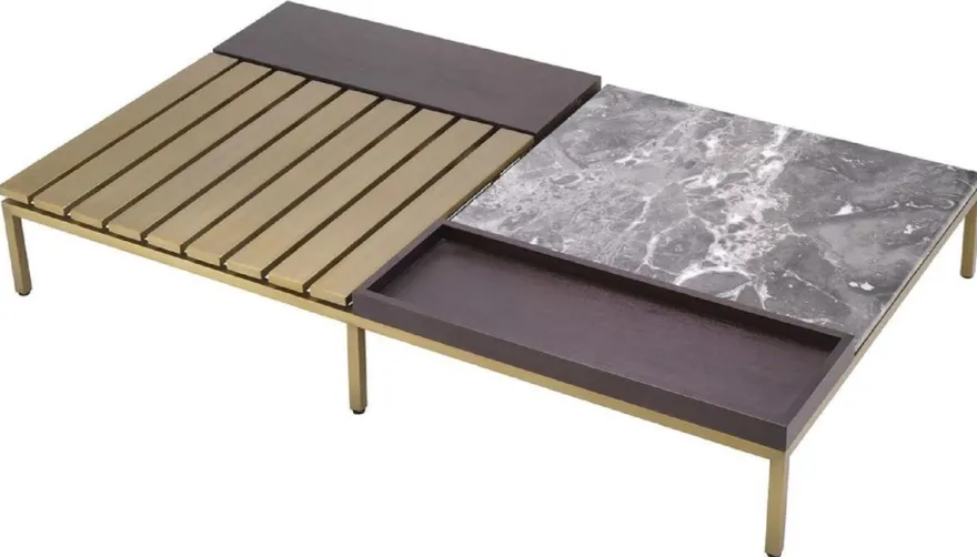 Casa Padrino Luxus Couchtisch Messingfarben / Grau / Braun 169,5 x 99,5 x H. 27 cm - Moderner Wohnzimmertisch - Luxus Wohnzimmer Möbel - Luxus Qualität