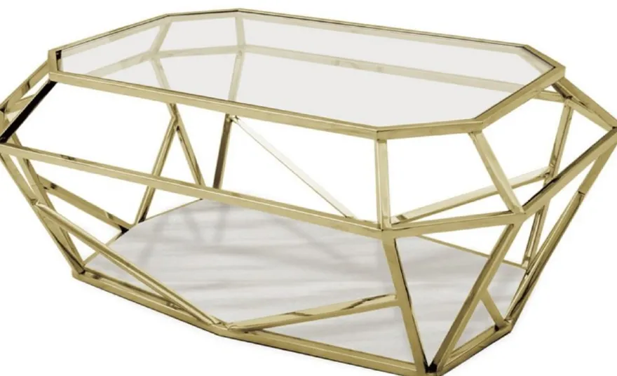 Casa Padrino Luxus Couchtisch Gold / Weiß 100 x 70 x H. 41 cm - Moderner Wohnzimmertisch mit Glas & Marmorplatte - Wohnzimmer Möbel