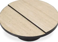 Casa Padrino Luxus Couchtisch Bronze / Beige Ø 88 x H. 35 cm - Runder Edelstahl Wohnzimmertisch mit 2 Travertin Tischplatten - Wohnzimmer Möbel - Luxus Möbel - Luxus Einrichtung
