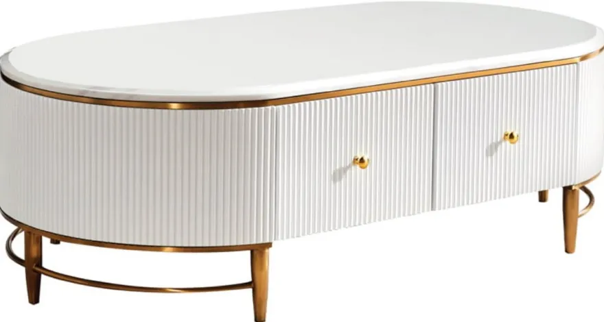 Casa Padrino Luxus Couchtisch Weiß / Messingfarben / Gold 130 x 70 x H. 42 cm - Moderner Wohnzimmertisch mit 4 Schubladen - Moderne Wohnzimmer Möbel