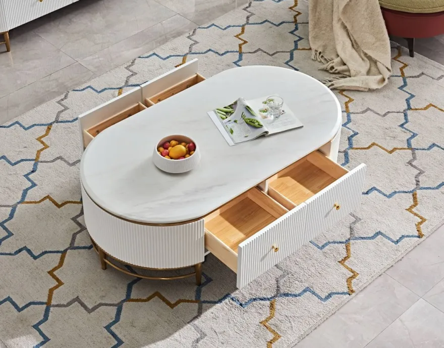 Casa Padrino Luxus Couchtisch Weiß / Messingfarben / Gold 130 x 70 x H. 42 cm - Moderner Wohnzimmertisch mit 4 Schubladen - Moderne Wohnzimmer Möbel