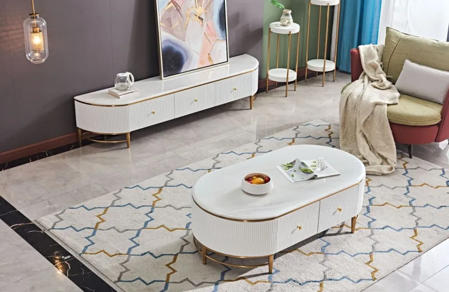 Casa Padrino Luxus Couchtisch Weiß / Messingfarben / Gold 130 x 70 x H. 42 cm - Moderner Wohnzimmertisch mit 4 Schubladen - Moderne Wohnzimmer Möbel