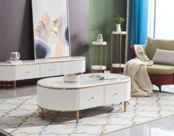 Casa Padrino Luxus Couchtisch Weiß / Messingfarben / Gold 130 x 70 x H. 42 cm - Moderner Wohnzimmertisch mit 4 Schubladen - Moderne Wohnzimmer Möbel
