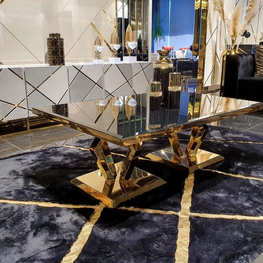 Casa Padrino Luxus Couchtisch Gold 120 x 60 x H. 43 cm - Moderner Wohnzimmertisch mit Glasplatte - Wohnzimmer Möbel - Luxus Kollektion