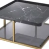 Casa Padrino Luxus Couchtisch Messingfarben / Schwarz / Grau 58 x 58 x H. 27,5 cm - Moderner Edelstahl Wohnzimmertisch mit Marmorplatte und getönter Glasplatte - Luxus Möbel