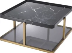 Casa Padrino Luxus Couchtisch Messingfarben / Schwarz / Grau 58 x 58 x H. 27,5 cm - Moderner Edelstahl Wohnzimmertisch mit Marmorplatte und getönter Glasplatte - Luxus Möbel