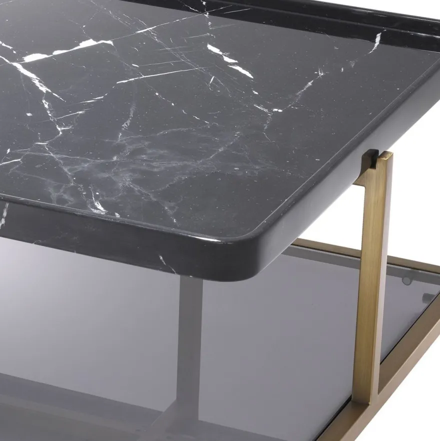 Casa Padrino Luxus Couchtisch Messingfarben / Schwarz / Grau 58 x 58 x H. 27,5 cm - Moderner Edelstahl Wohnzimmertisch mit Marmorplatte und getönter Glasplatte - Luxus Möbel