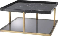 Casa Padrino Luxus Couchtisch Messingfarben / Schwarz / Grau 58 x 58 x H. 27,5 cm - Moderner Edelstahl Wohnzimmertisch mit Marmorplatte und getönter Glasplatte - Luxus Möbel