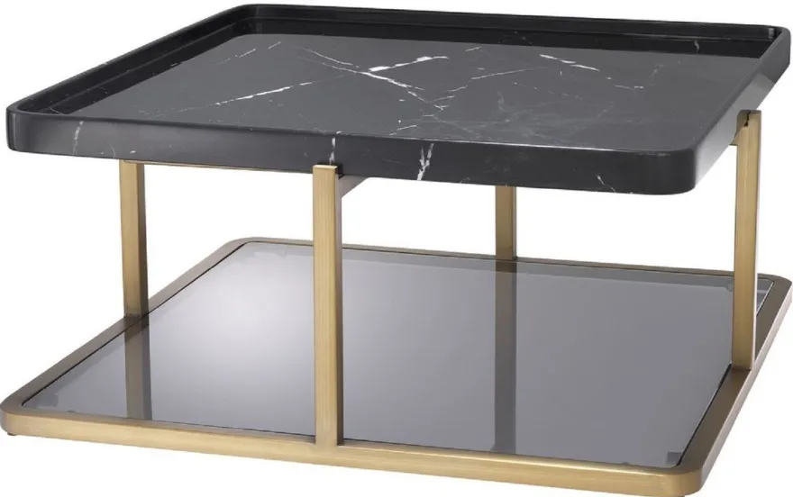 Casa Padrino Luxus Couchtisch Messingfarben / Schwarz / Grau 58 x 58 x H. 27,5 cm - Moderner Edelstahl Wohnzimmertisch mit Marmorplatte und getönter Glasplatte - Luxus Möbel