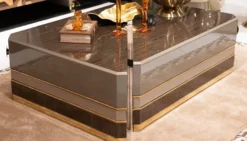 Casa Padrino Luxus Couchtisch 2er Set Braun / Grau / Gold - Luxus Massivholz Wohnzimmertische - Wohnzimmer Möbel - Luxus Möbel