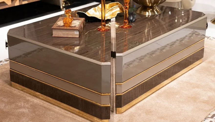 Casa Padrino Luxus Couchtisch 2er Set Braun / Grau / Gold - Luxus Massivholz Wohnzimmertische - Wohnzimmer Möbel - Luxus Möbel