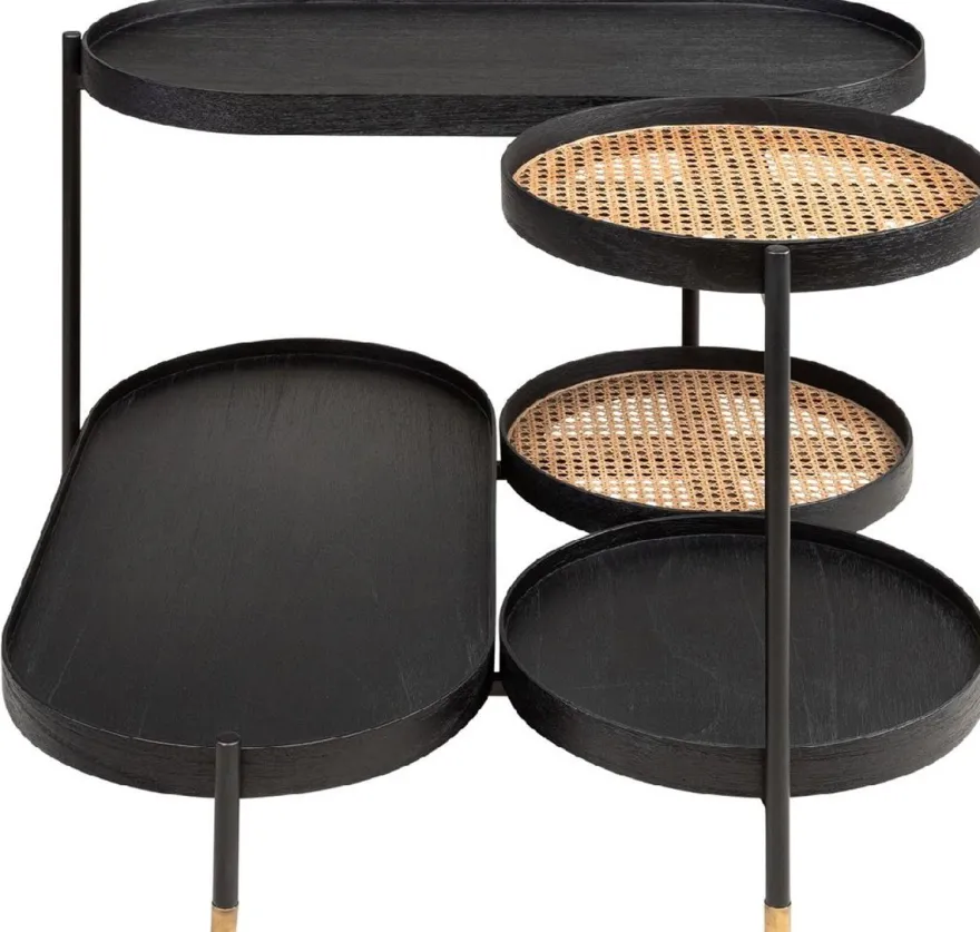 Casa Padrino Luxus Couchtisch Schwarz / Naturfarben / Messing 82,8 x 83,5 x H. 53 cm - Mindiholz & Rattan Wohnzimmertisch mit Stahl Gestell - Wohnzimmer Möbel - Luxus Möbel - Luxus Einrichtung