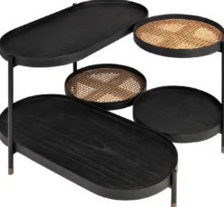 Casa Padrino Luxus Couchtisch Schwarz / Naturfarben / Messing 82,8 x 83,5 x H. 53 cm - Mindiholz & Rattan Wohnzimmertisch mit Stahl Gestell - Wohnzimmer Möbel - Luxus Möbel - Luxus Einrichtung