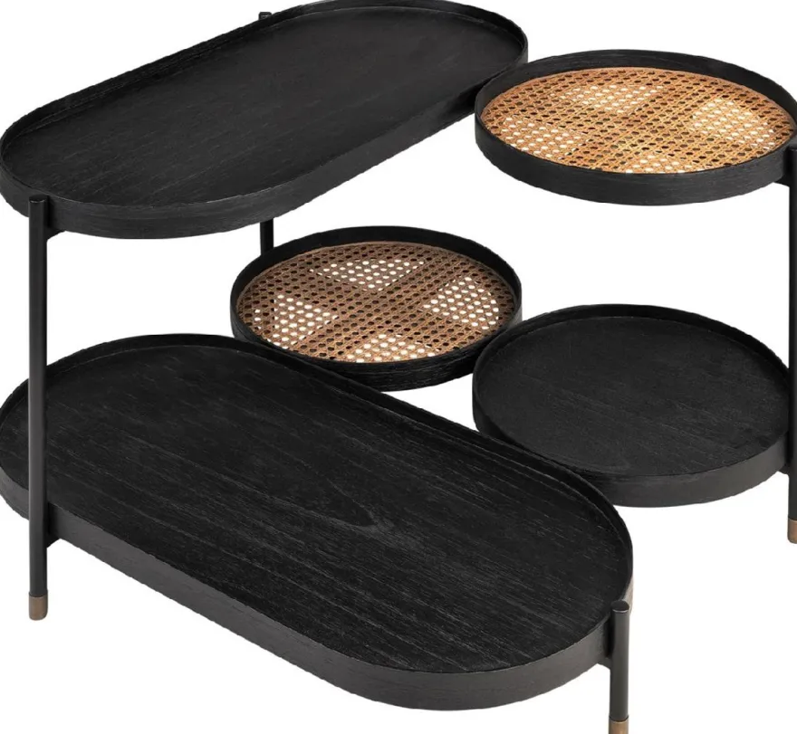 Casa Padrino Luxus Couchtisch Schwarz / Naturfarben / Messing 82,8 x 83,5 x H. 53 cm - Mindiholz & Rattan Wohnzimmertisch mit Stahl Gestell - Wohnzimmer Möbel - Luxus Möbel - Luxus Einrichtung