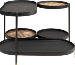 Casa Padrino Luxus Couchtisch Schwarz / Naturfarben / Messing 82,8 x 83,5 x H. 53 cm - Mindiholz & Rattan Wohnzimmertisch mit Stahl Gestell - Wohnzimmer Möbel - Luxus Möbel - Luxus Einrichtung