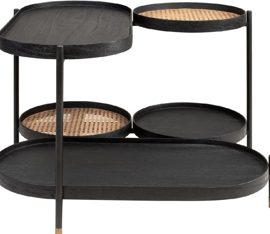 Casa Padrino Luxus Couchtisch Schwarz / Naturfarben / Messing 82,8 x 83,5 x H. 53 cm - Mindiholz & Rattan Wohnzimmertisch mit Stahl Gestell - Wohnzimmer Möbel - Luxus Möbel - Luxus Einrichtung