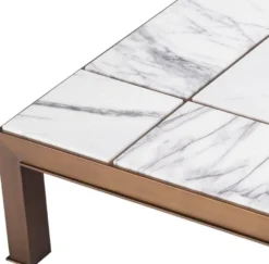 Casa Padrino Luxus Couchtisch Antik Messingfarben / Weiß / Lila 119 x 119 x H. 29 cm - Moderner Edelstahl Wohnzimmertisch mit Marmorplatten - Wohnzimmer Möbel