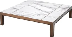 Casa Padrino Luxus Couchtisch Antik Messingfarben / Weiß / Lila 119 x 119 x H. 29 cm - Moderner Edelstahl Wohnzimmertisch mit Marmorplatten - Wohnzimmer Möbel