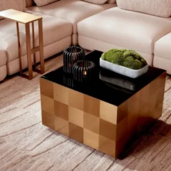 Casa Padrino Luxus Couchtisch mit Glasplatte Messing / Schwarz 70 x 70 x H. 47,5 cm
