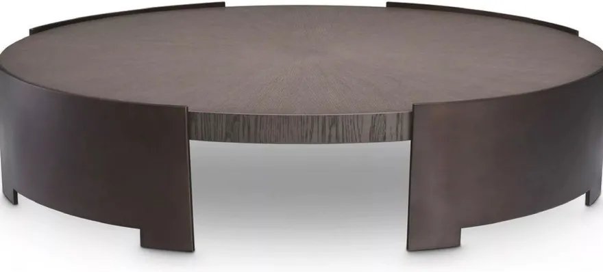 Casa Padrino Luxus Couchtisch Grau / Bronze Ø 118,5 x H. 24,5 cm - Runder Wohnzimmertisch mit Massivholz Tischplatte - Wohnzimmer Möbel - Massivholz Möbel - Luxus Möbel - Luxus Einrichtung