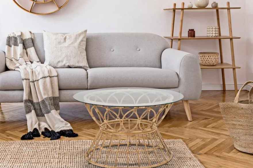 Casa Padrino Luxus Couchtisch mit Glasplatte Naturfarben Ø 75 cm - Wohnzimmer Möbel