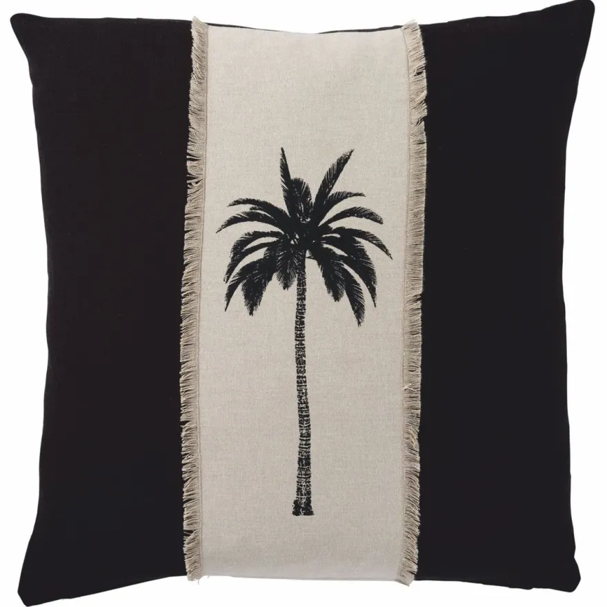 Casa Padrino Luxus Deko Baumwoll Kissen Palme Schwarz / Beige 50 x 50 cm