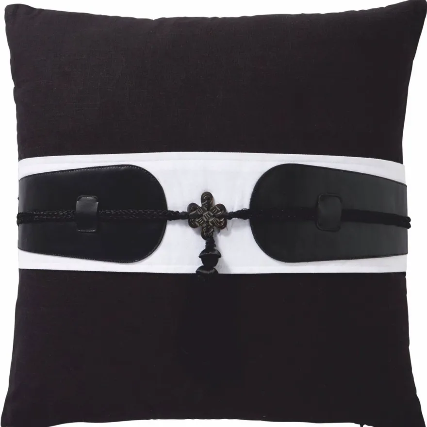 Casa Padrino Luxus Deko Baumwoll Kissen mit Leder Applikationen Schwarz / Weiß 50 x 50 cm