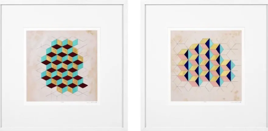 Casa Padrino Luxus Deko Bilder Set Geometrische Muster Mehrfarbig / Weiß 85 x H. 85 cm - Kunstdrucke mit Holzrahmen