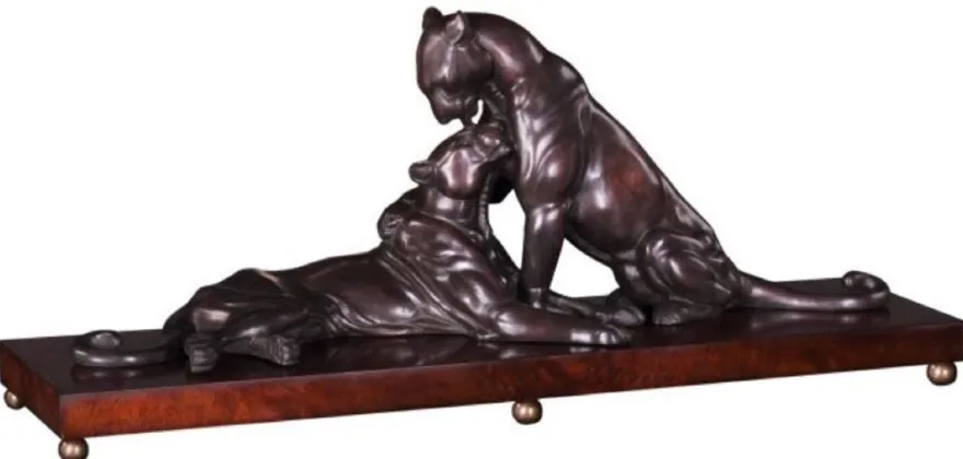Casa Padrino Luxus Deko Bronzefiguren mit Holzsockel 2 Tiger Bronze / Braun 83 x 23 x H. 34 cm - Luxus Qualität