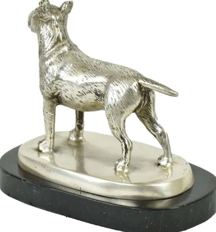 Casa Padrino Luxus Deko Bronzefigur Bullterrier Hund Silber / Schwarz 19 x 10 x H. 15 cm - Bronze Skulptur mit Marmorsockel - Dekofigur - Deko Accessoires