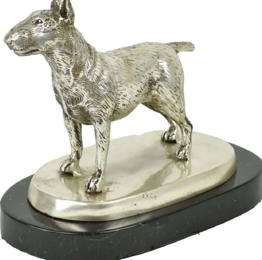 Casa Padrino Luxus Deko Bronzefigur Bullterrier Hund Silber / Schwarz 19 x 10 x H. 15 cm - Bronze Skulptur mit Marmorsockel - Dekofigur - Deko Accessoires