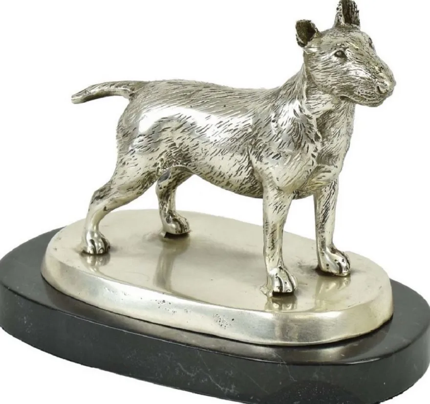 Casa Padrino Luxus Deko Bronzefigur Bullterrier Hund Silber / Schwarz 19 x 10 x H. 15 cm - Bronze Skulptur mit Marmorsockel - Dekofigur - Deko Accessoires