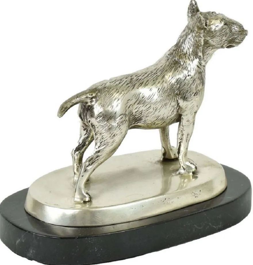 Casa Padrino Luxus Deko Bronzefigur Bullterrier Hund Silber / Schwarz 19 x 10 x H. 15 cm - Bronze Skulptur mit Marmorsockel - Dekofigur - Deko Accessoires