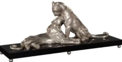 Casa Padrino Luxus Deko Bronzefiguren mit Holzsockel 2 Tiger Silber / Schwarz 83 x 23 x H. 34 cm - Luxus Qualität