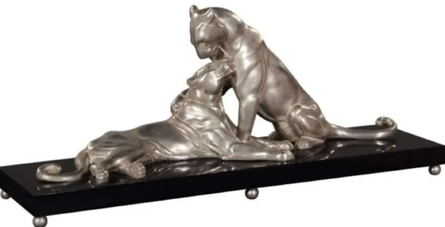 Casa Padrino Luxus Deko Bronzefiguren mit Holzsockel 2 Tiger Silber / Schwarz 83 x 23 x H. 34 cm - Luxus Qualität