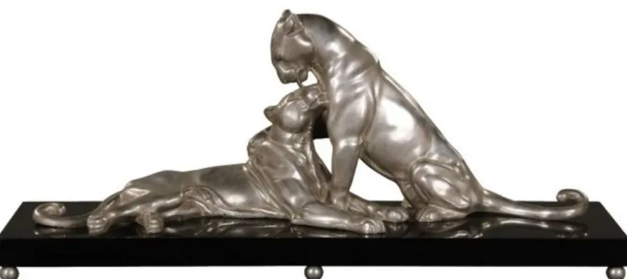 Casa Padrino Luxus Deko Bronzefiguren mit Holzsockel 2 Tiger Silber / Schwarz 83 x 23 x H. 34 cm - Luxus Qualität