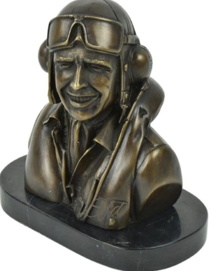 Casa Padrino Luxus Deko Bronze Büste mit Marmorsockel Pilot Bronze / Schwarz 19 x 11 x H. 19 cm - Bronze Skulptur Pilot - Bronze Figur Pilot - Dekofigur Pilot - Schreibtisch Deko Accessoires