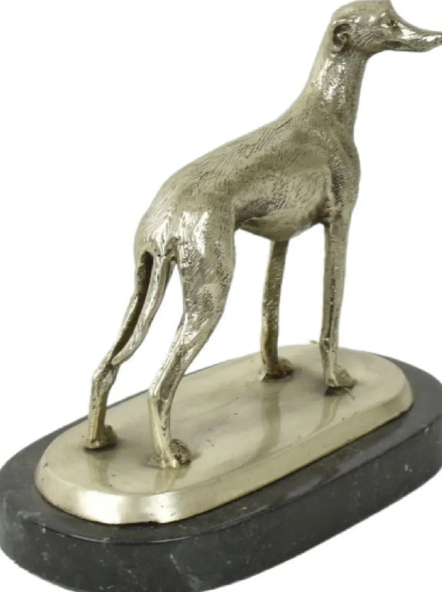 Casa Padrino Luxus Deko Bronzefigur Windhund Silber / Schwarz 22 x 13 x H. 19 cm - Bronze Skulptur mit Marmorsockel - Dekofigur - Deko Accessoires